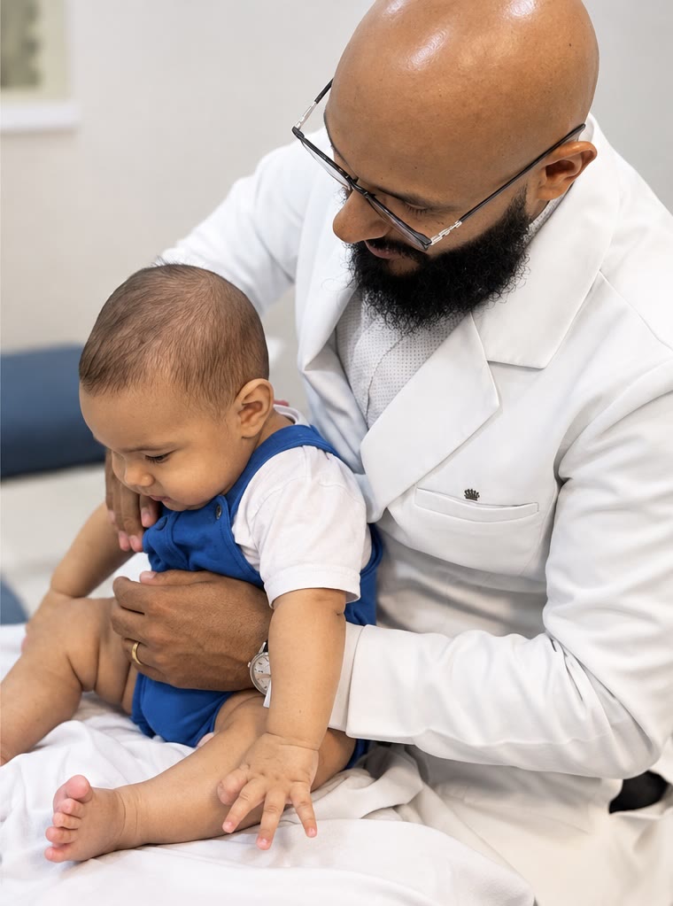 Dr. Hidelvani apoiando um bebê sentado durante a avaliação do tronco e do abdômen