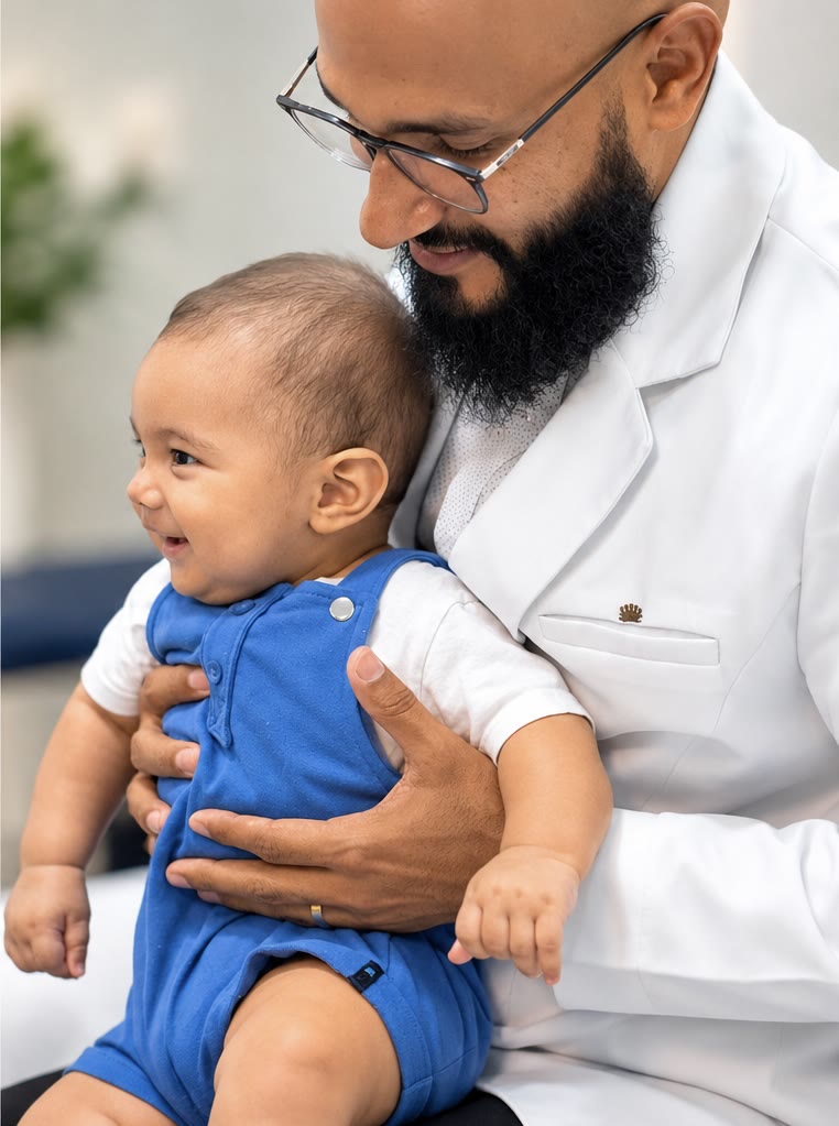 Dr. Hidelvani Nunes com um bebê sorrindo no colo