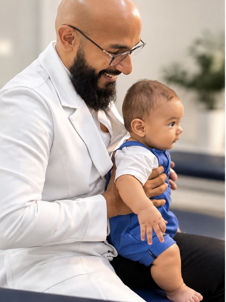 Dr. Hidelvani segurando um bebê sentado e observando a postura da cabeça e do pescoço